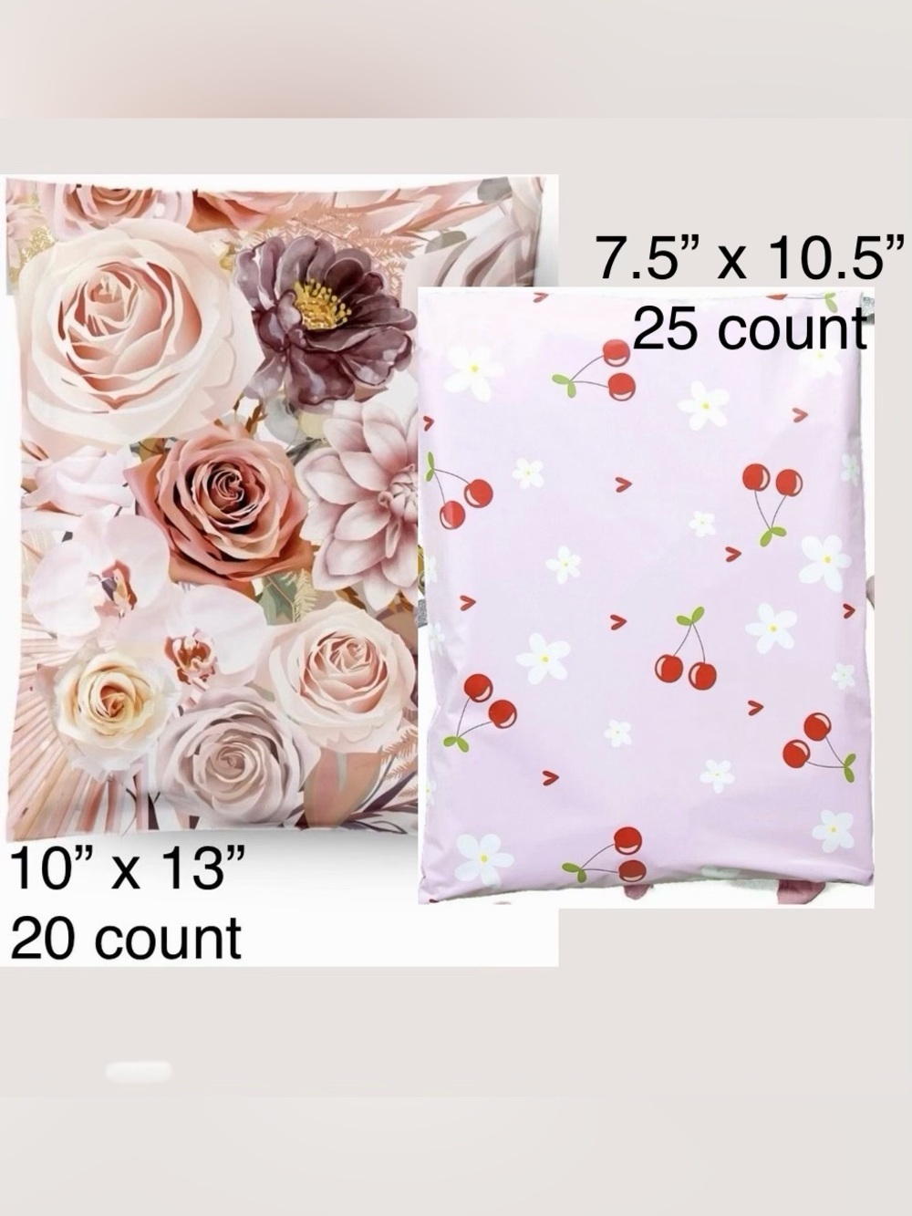 Floral & Cherry Patterned Poly Mailers: Set of 45 Bags. 10x13” & 7.5x10.5” sizes